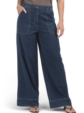 NWT MAX STUDIO LONDON Blue Wide Leg Cotton Pique Jeans with Pockets XS/S